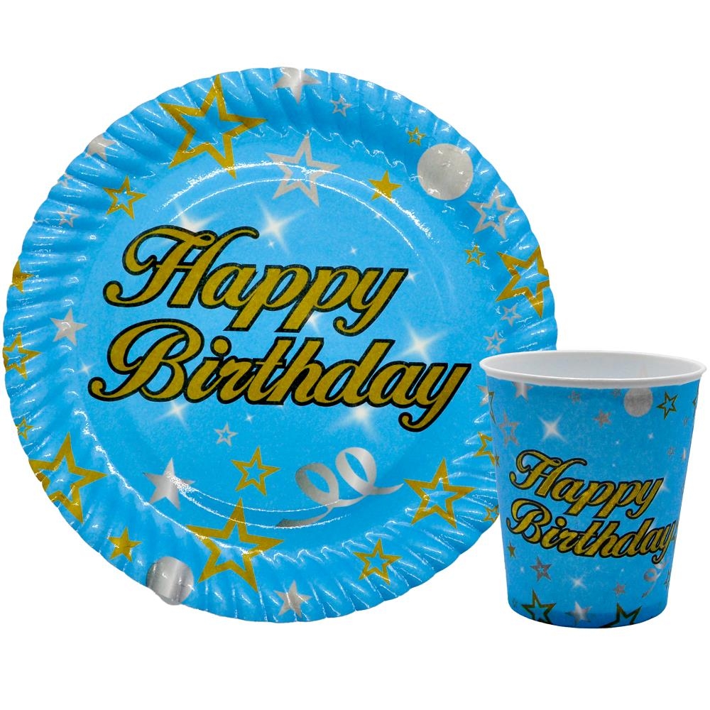 Toptan%20Happy%20Birthday%20Mavi%20Tabak%20Bardak%208li