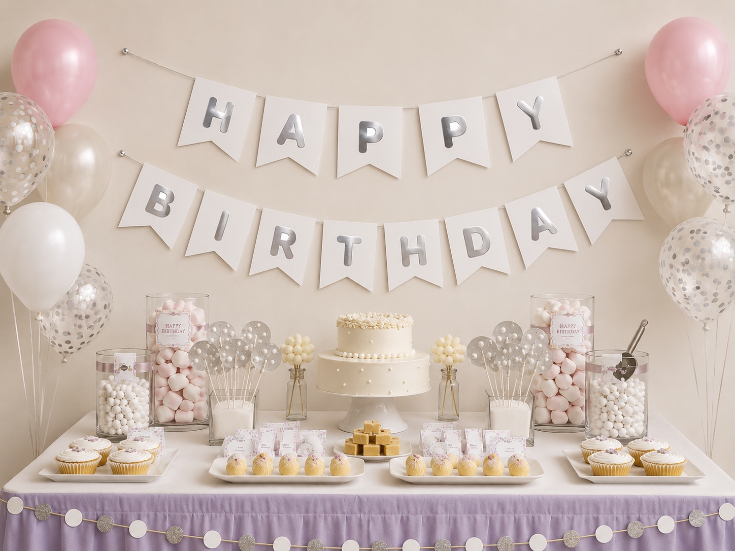 Toptan Beyaz Üzeri Gümüş Happy Birthday Banner