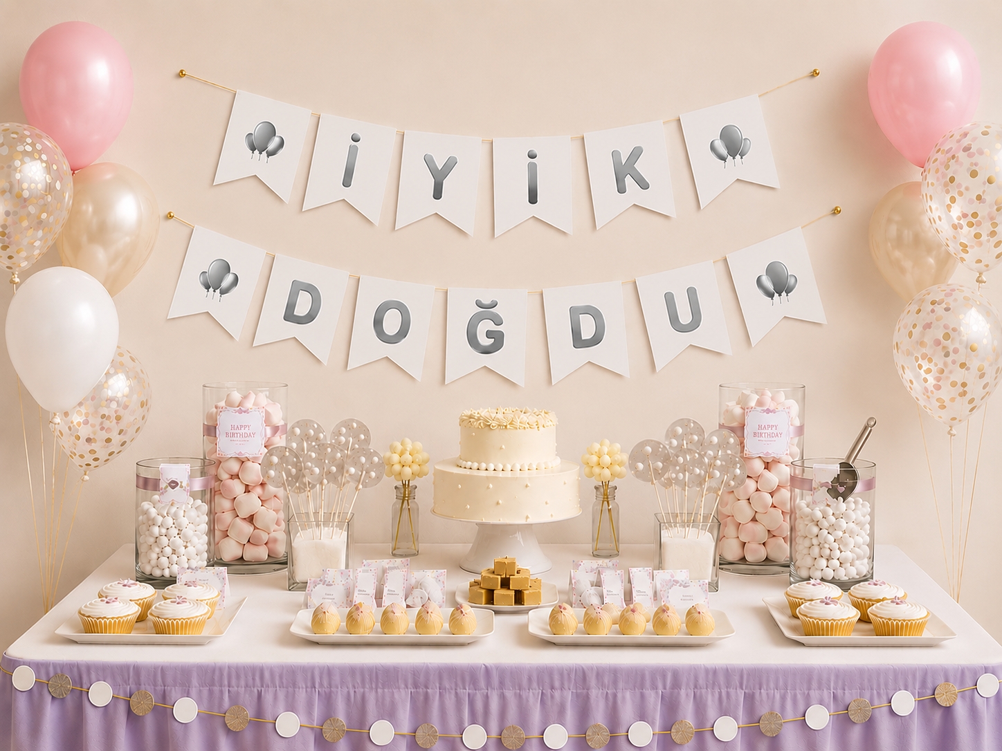 Toptan Beyaz Üzeri Gümüş İyi Ki Doğdun Banner