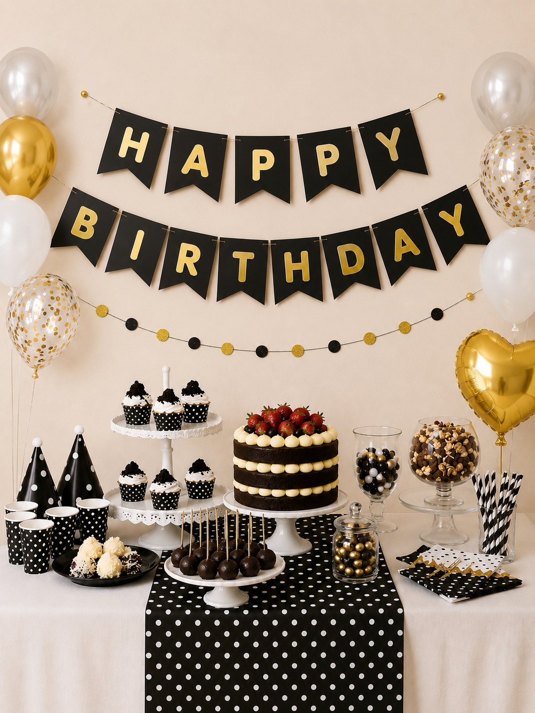 Toptan Siyah Üzeri Gold Happy Birthday Banner