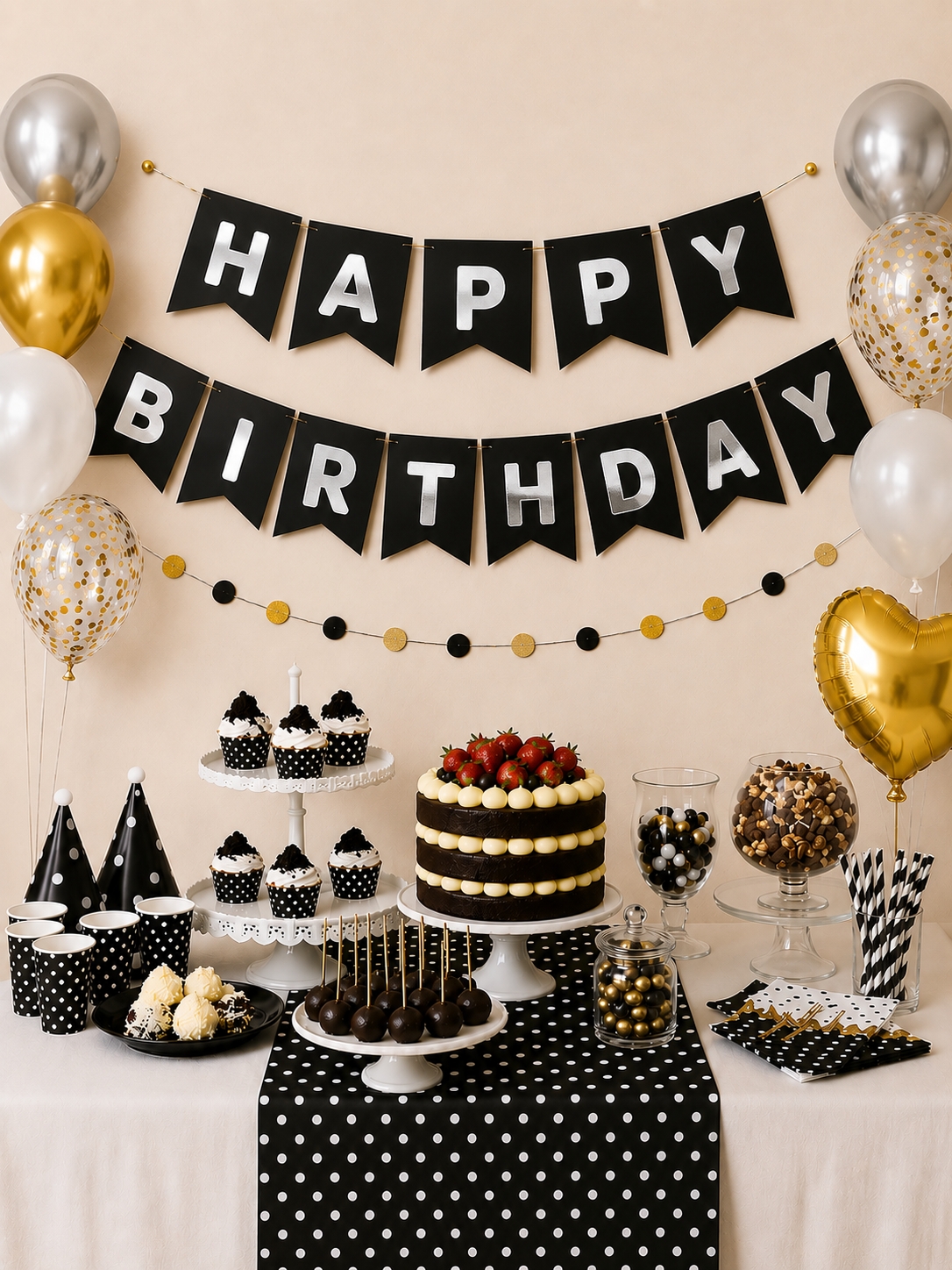 Toptan Siyah Üzeri Gümüş Happy Birthday Banner