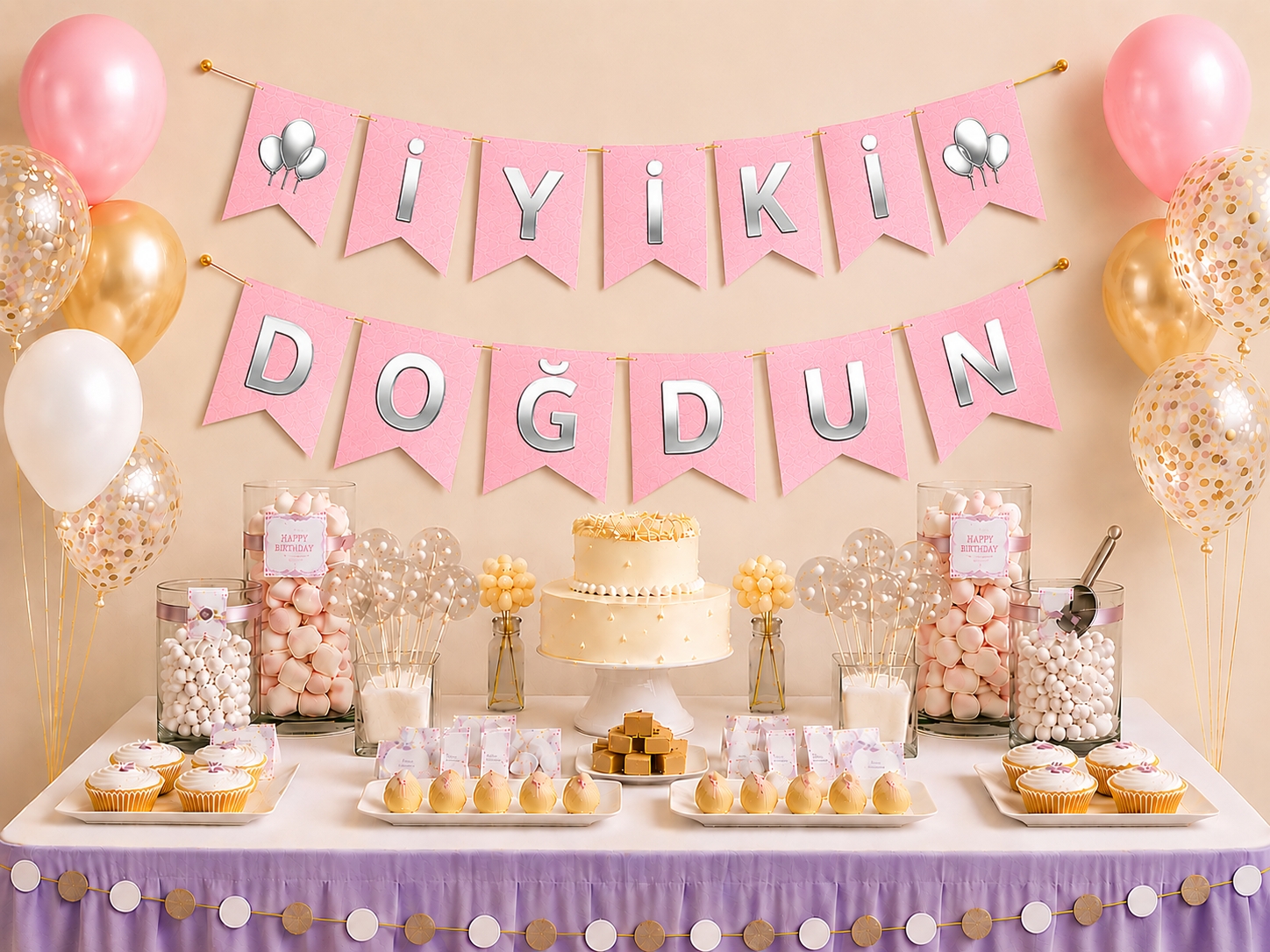 Toptan Pembe Üzeri Gümüş İyi Ki Doğdun Banner