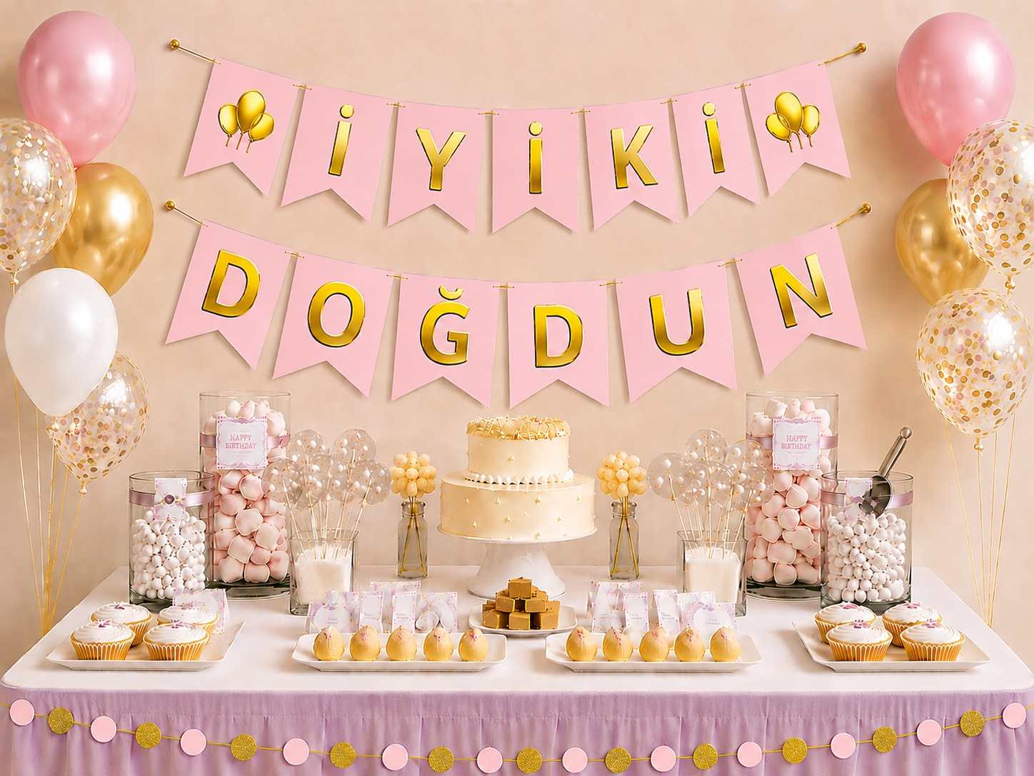 Toptan Pembe Üzeri Gold İyi Ki Doğdun Banner