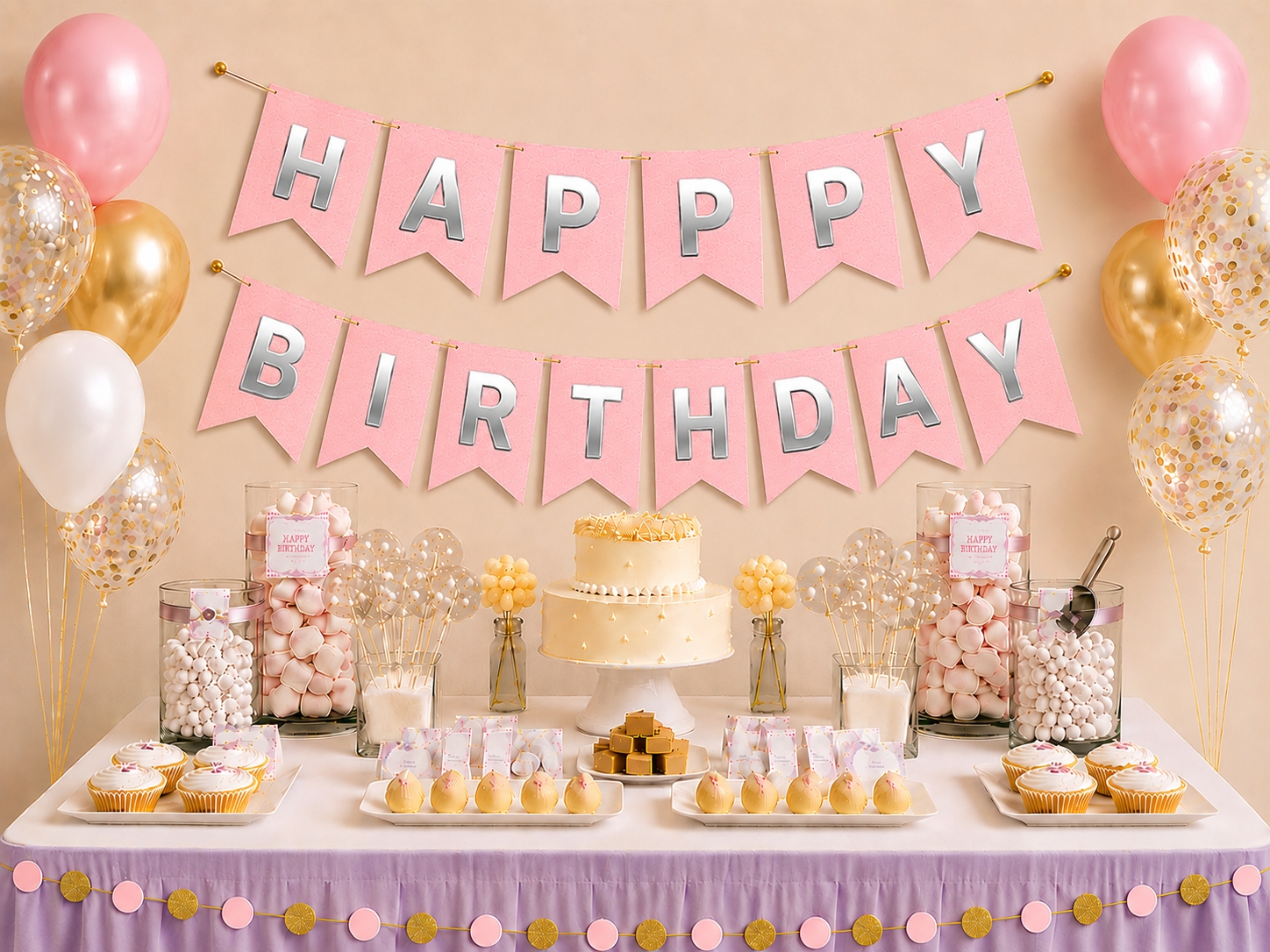 Toptan Pembe Üzeri Gümüş Happy Birthday Banner