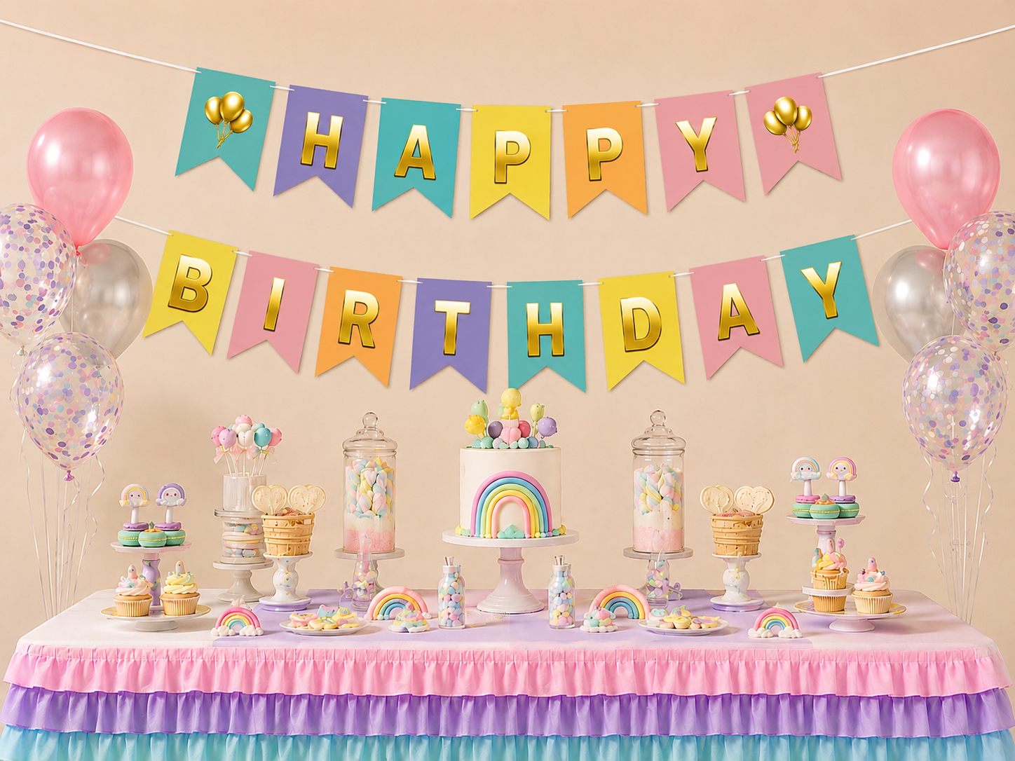 Toptan Makaron Üzeri Gold Happy Birthday Banner