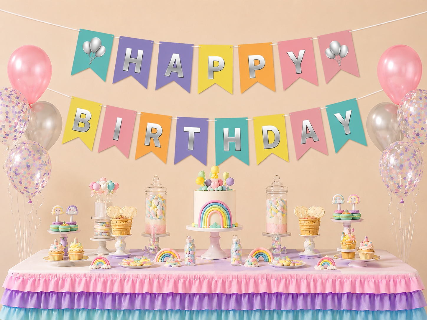 Toptan Makaron Üzeri Gümüş Happy Birthday Banner
