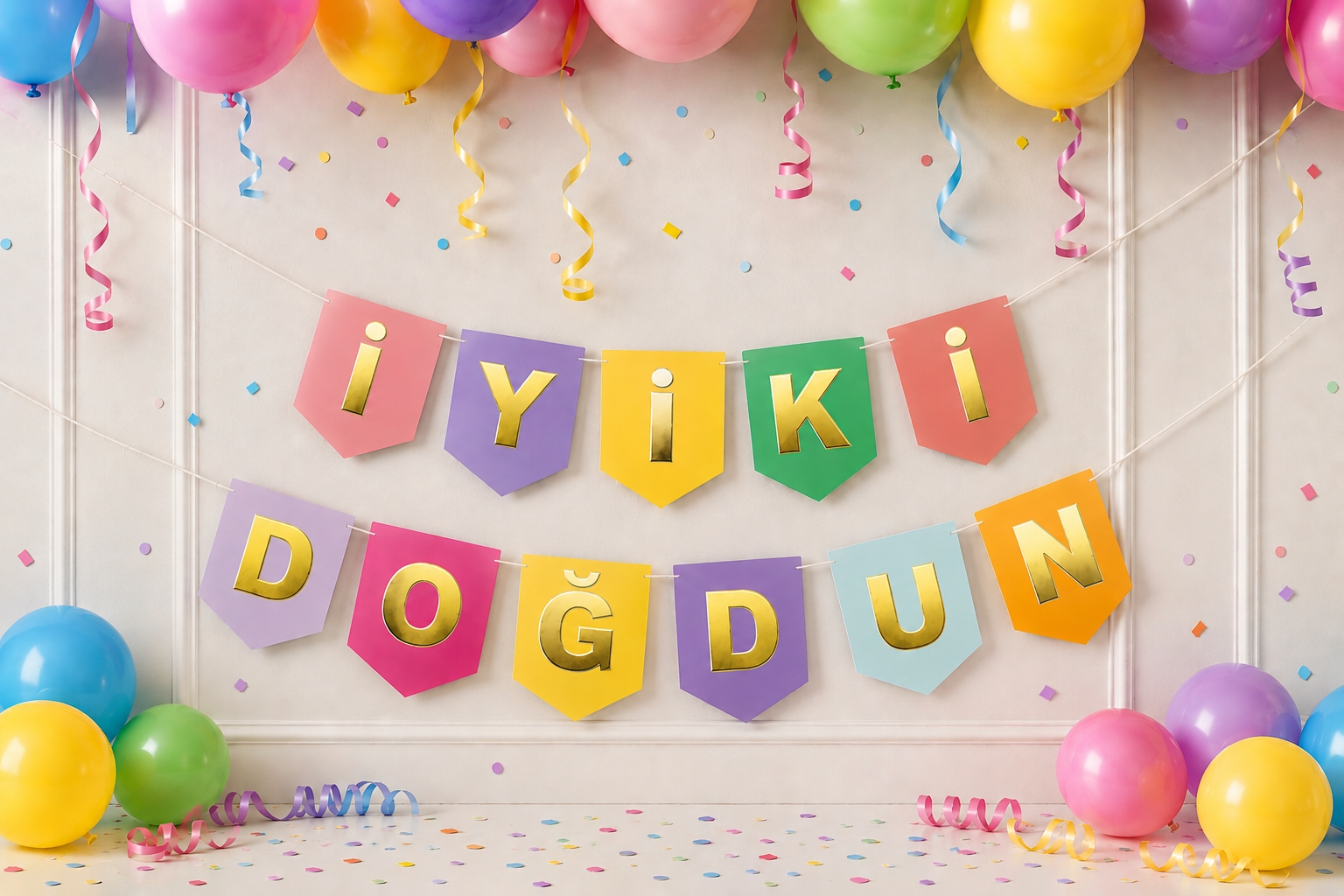 Toptan Rengarenk Üzeri Gold İyi Ki Doğdun Banner