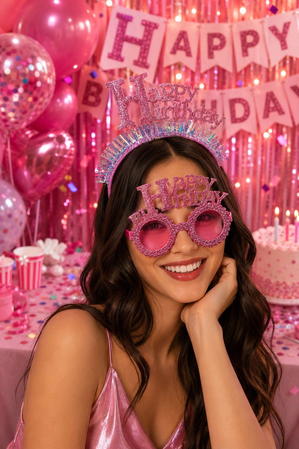 Toptan Taç ve Gözlük Seti Happy Birthday Pembe