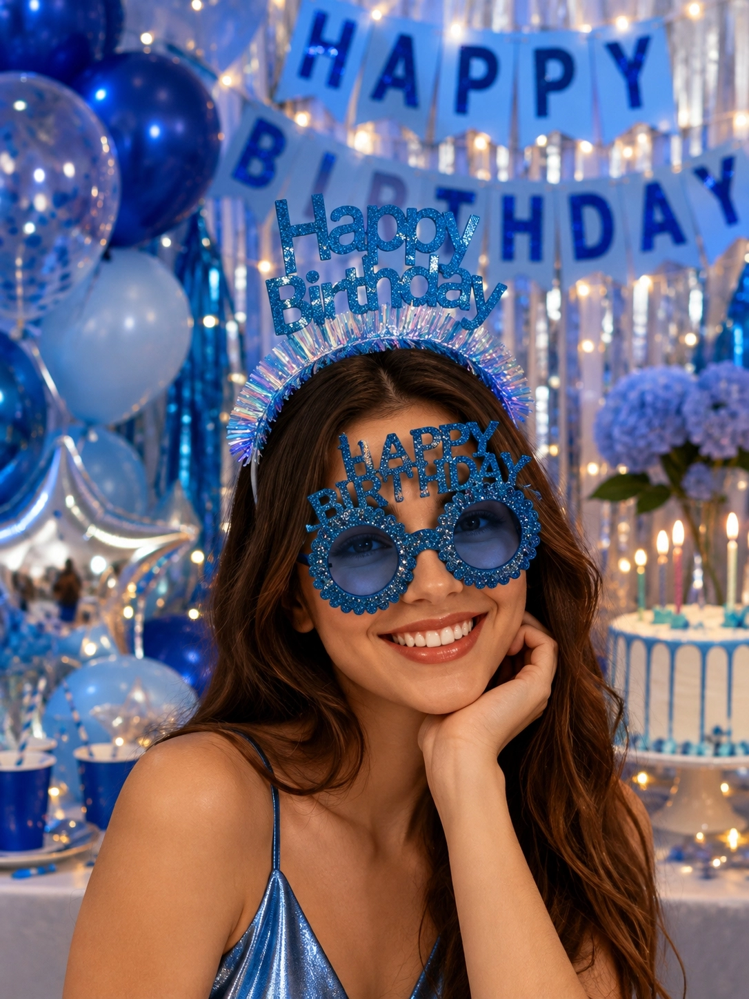 Toptan Taç ve Gözlük Seti Happy Birthday Mavi