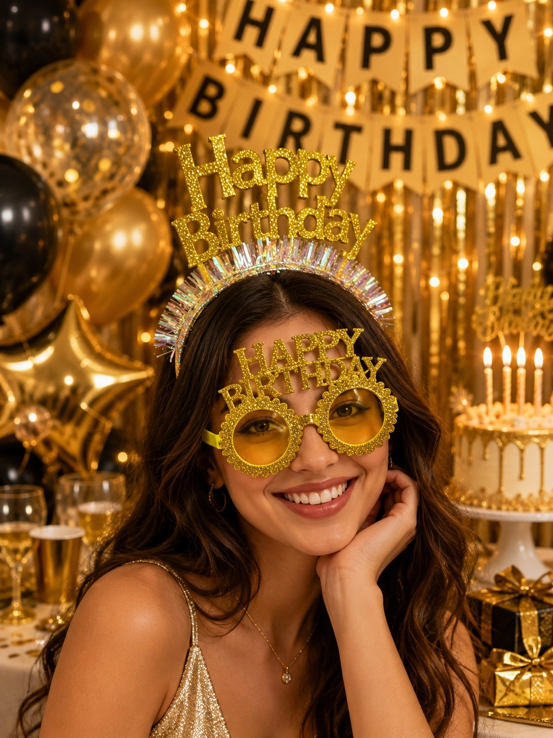 Toptan Taç ve Gözlük Seti Happy Birthday Gold