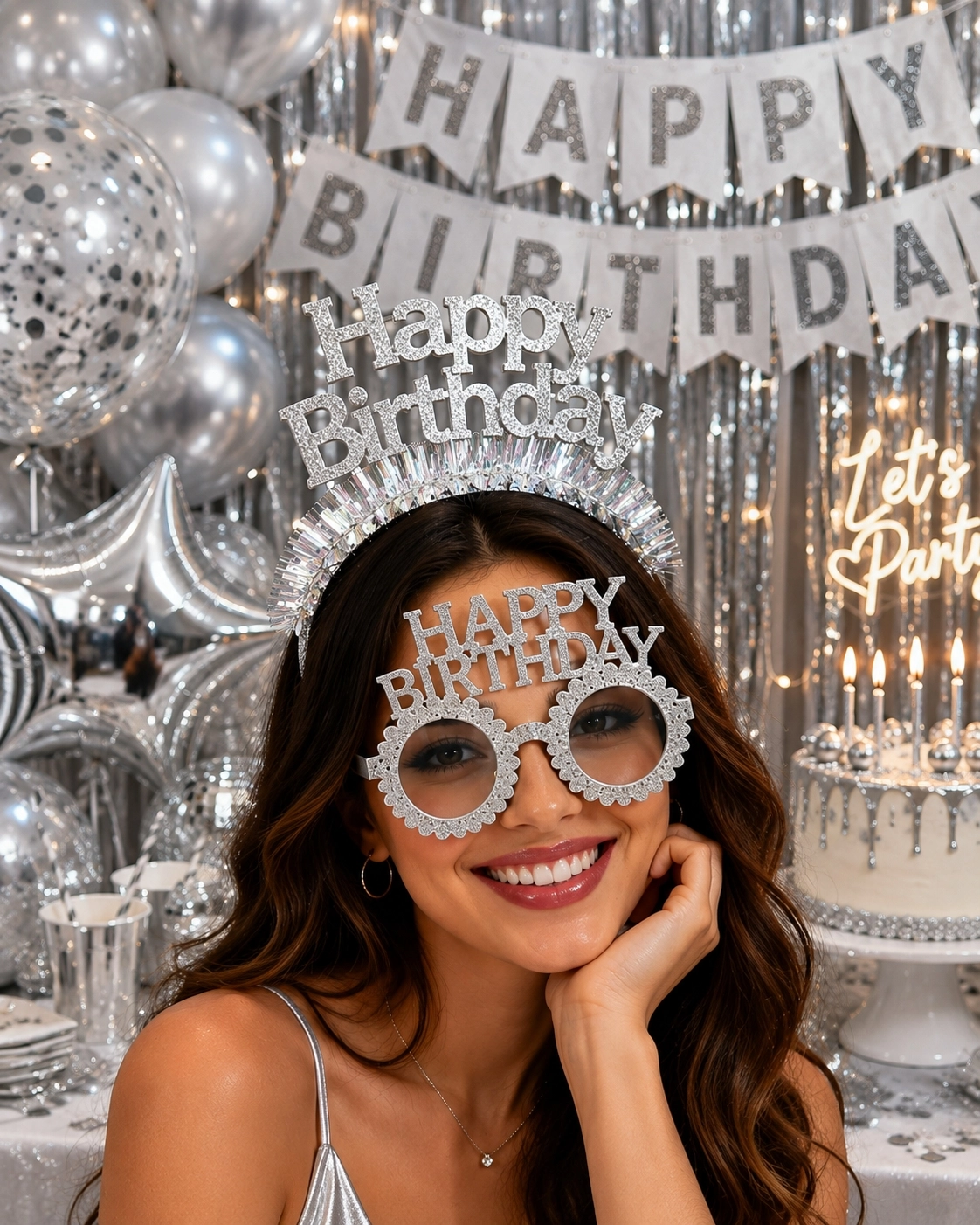 Toptan Taç ve Gözlük Seti Happy Birthday Gümüş