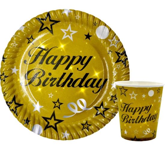 Toptan Happy Birthday Gold Tabak Bardak 8li