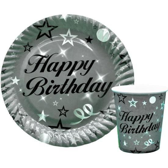 Toptan Happy Birthday Gümüş Tabak Bardak 8li