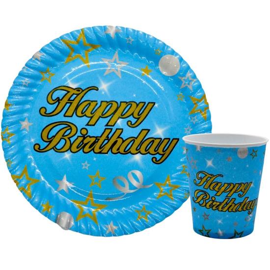Toptan Happy Birthday Mavi Tabak Bardak 8li