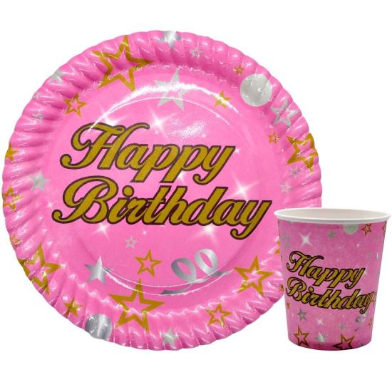 Toptan Happy Birthday Pembe Tabak Bardak 8li