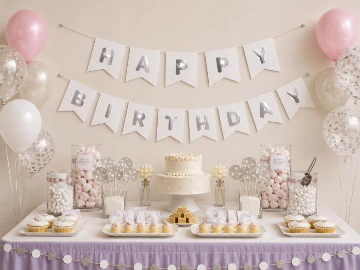 Toptan Beyaz Üzeri Gümüş Happy Birthday Banner