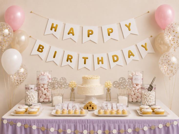 Toptan Beyaz Üzeri Gold Happy Birthday Banner