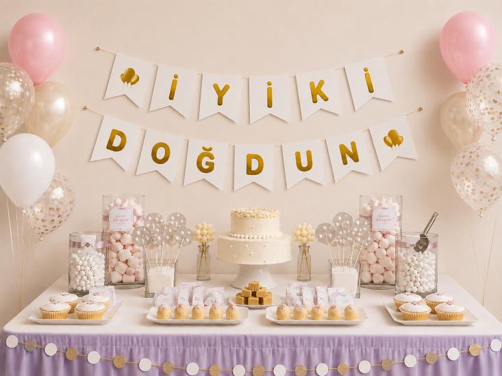 Toptan Beyaz Üzeri Gold İyi Ki Doğdun Banner