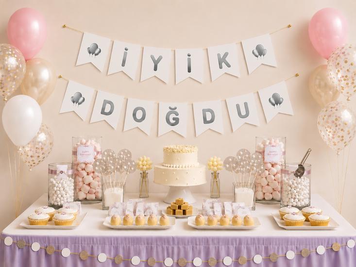 Toptan Beyaz Üzeri Gümüş İyi Ki Doğdun Banner