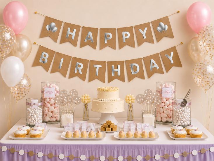 Toptan Kraft Üzeri Gümüş Happy Birthday Banner