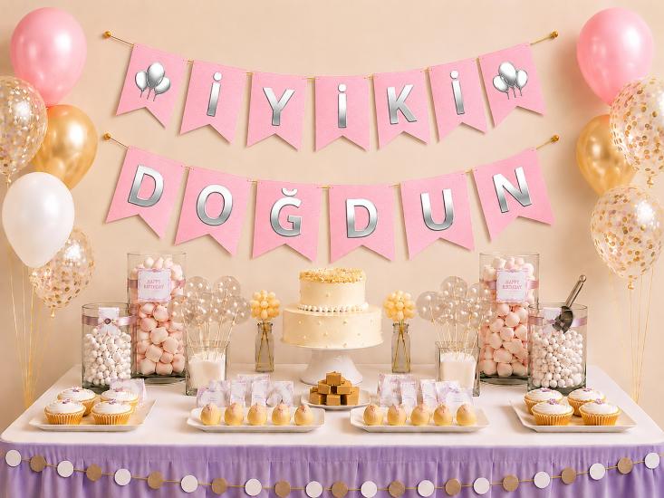 Toptan Pembe Üzeri Gümüş İyi Ki Doğdun Banner