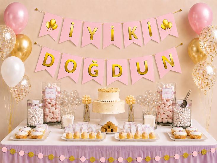 Toptan Pembe Üzeri Gold İyi Ki Doğdun Banner