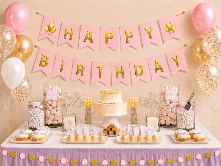 Toptan Pembe Üzeri Gold  Happy Birthday Banner