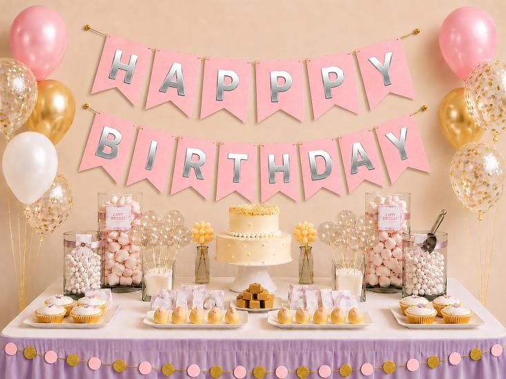 Toptan Pembe Üzeri Gümüş Happy Birthday Banner