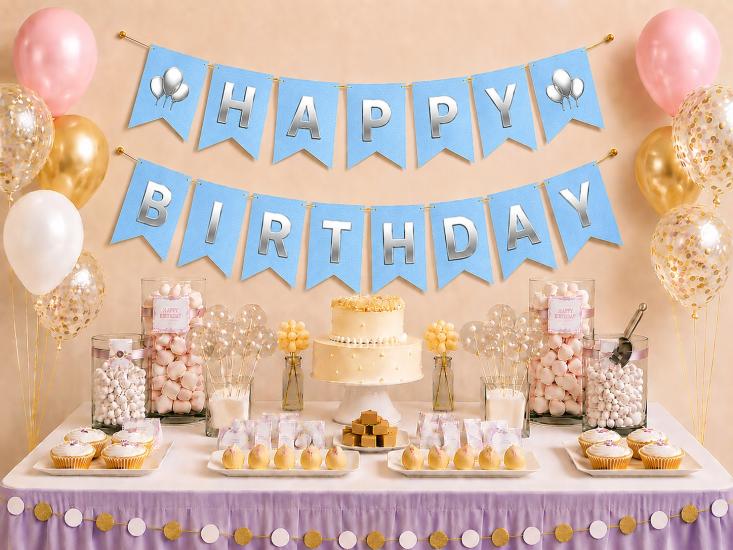 Toptan Mavi Üzeri Gümüş Happy Birthday Banner