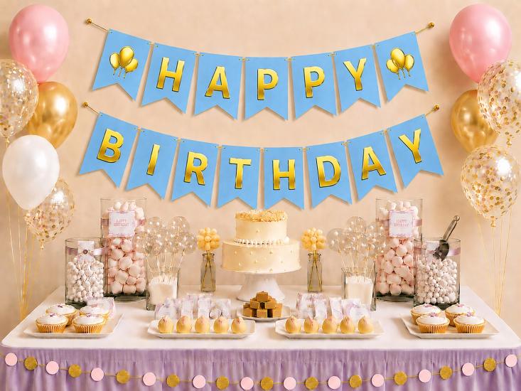 Toptan Mavi Üzeri Gold Happy Birthday Banner