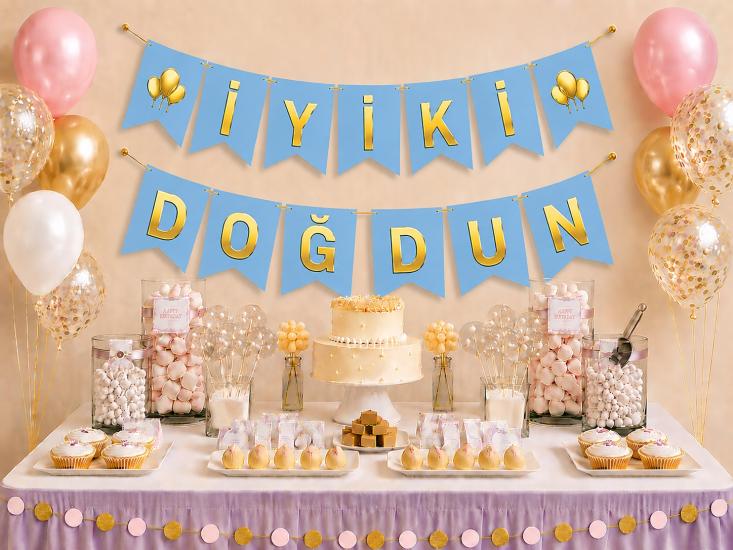 Toptan Mavi Üzeri Gold İyi Ki Doğdun Banner