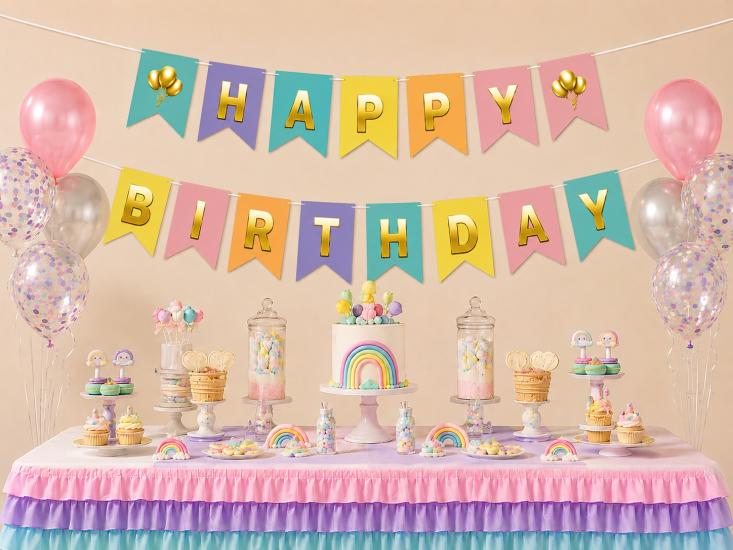 Toptan Makaron Üzeri Gold Happy Birthday Banner