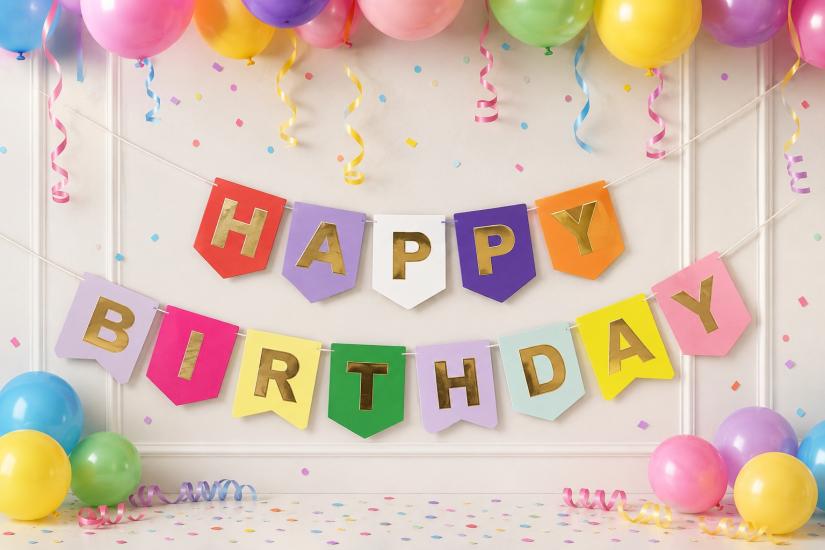 Toptan Rengarenk Üzeri Gold Happy Birthday Banner