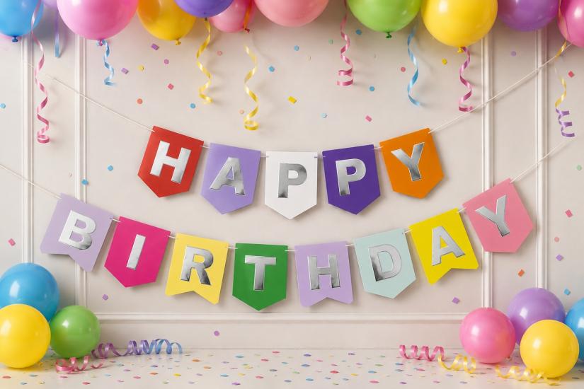 Toptan Rengarenk Üzeri Gümüş Happy Birthday Banner