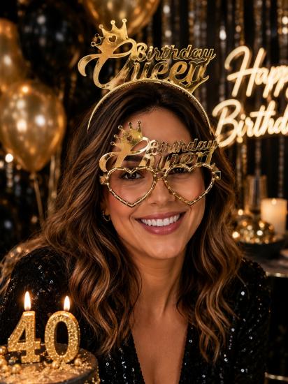 Toptan Taç ve Gözlük Seti Birthday Queen Gold