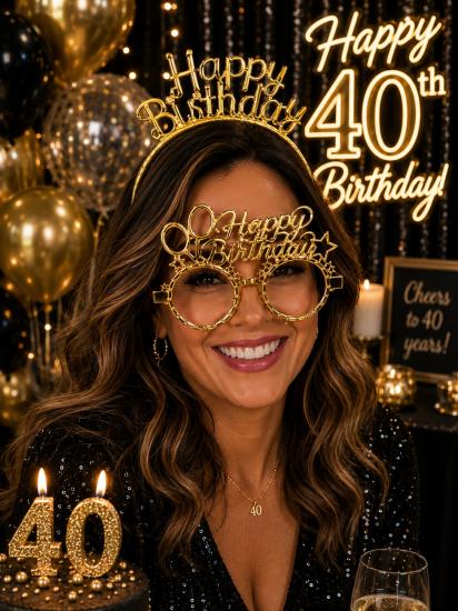 Toptan Taç ve Gözlük Seti Happy Birthday Gold