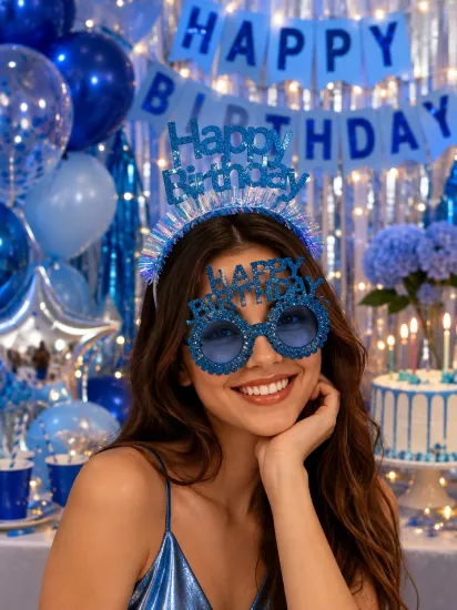 Toptan Taç ve Gözlük Seti Happy Birthday Mavi
