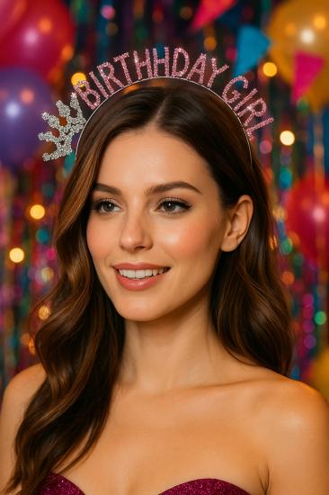 Toptan Taşlı Taç Birthday Girl Pembe
