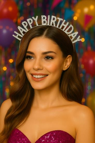 Toptan Taşlı Taç Happy Birthday Gümüş