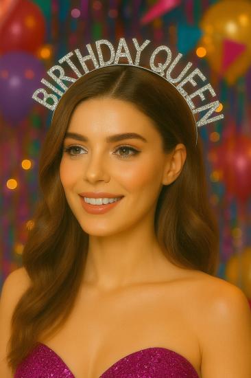 Toptan Taşlı Taç Birthday Queen Gümüş