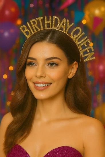 Toptan Taşlı Taç Birthday Queen Gold
