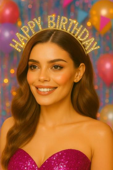 Toptan Taşlı Taç Happy Birthday Gold