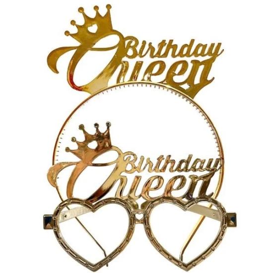 Toptan Taç ve Gözlük Seti Birthday Queen Gold