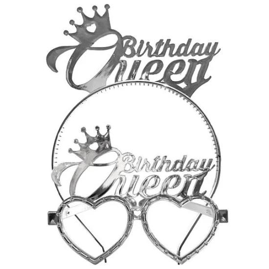 Toptan Taç ve Gözlük Seti Birthday Queen Gümüş