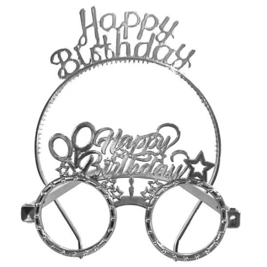 Toptan Taç ve Gözlük Seti Happy Birthday Gümüş