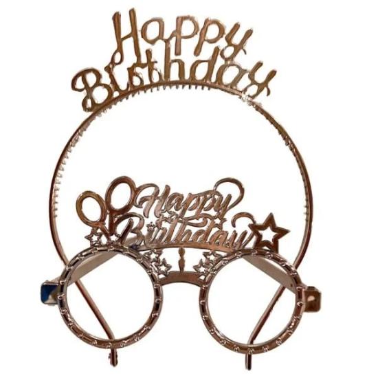 Toptan Taç ve Gözlük Seti Happy Birthday Rosegold