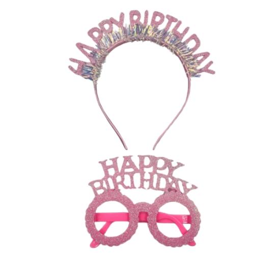 Toptan Happy Birthday Taç ve Gözlük Seti Pembe
