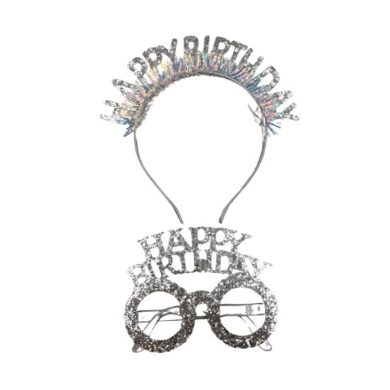 Toptan Happy Birthday Taç ve Gözlük Seti Gümüş