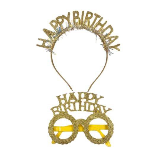 Toptan Happy Birthday Taç ve Gözlük Seti Gold