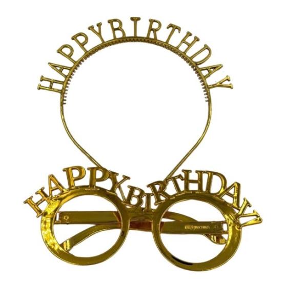 Toptan Taç ve Gözlük Seti Happy Birthday Gold